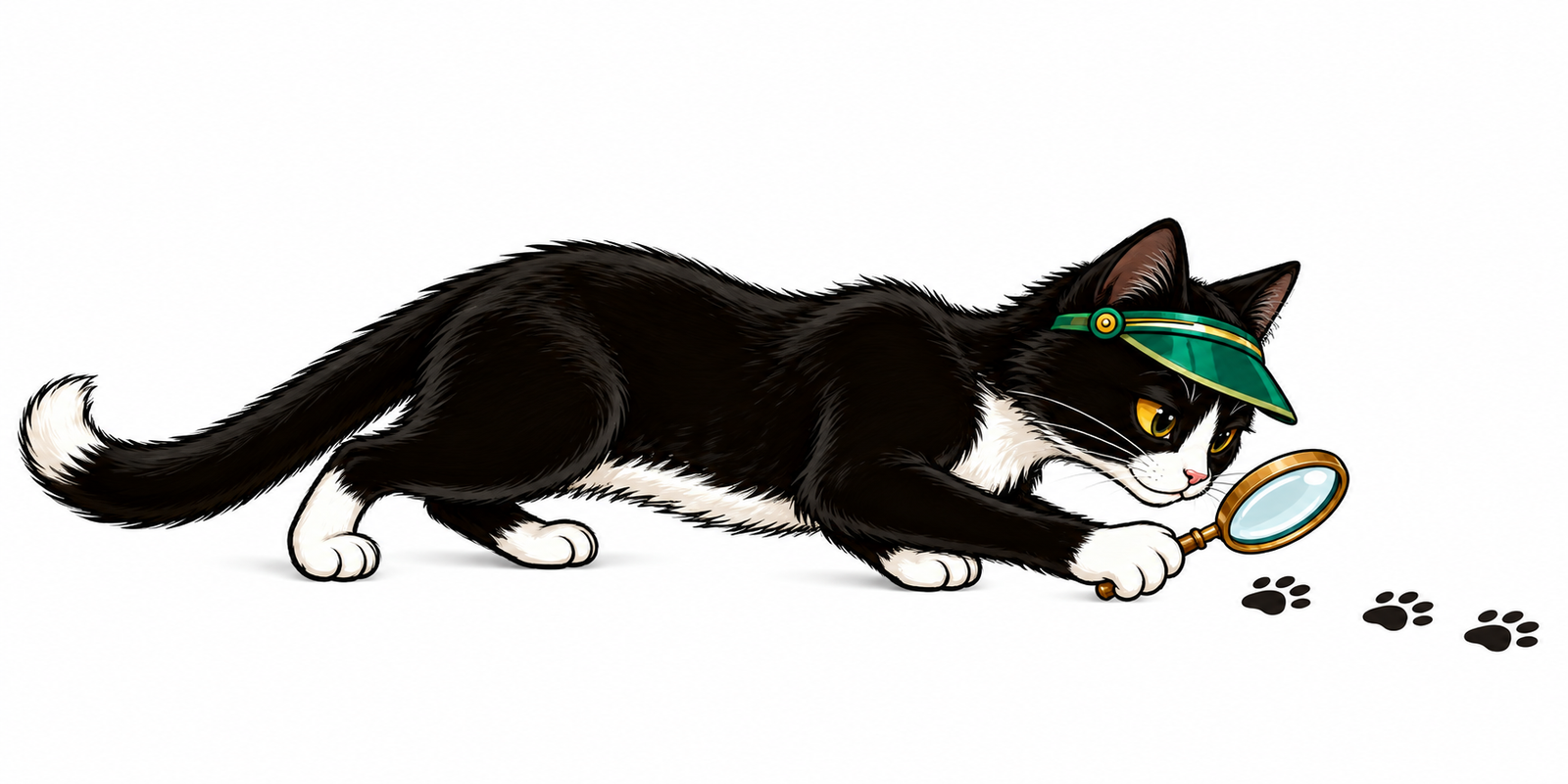 Oliver, a gold-eyed tuxedo cat, stalks low along paw prints with his magnifying glass.